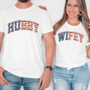 Couples 4th of July Shirts, Funny Fourth of July Couple Matching T-Shirts, Hubby Wifey Matching His and Her Mr and Mrs American Flag Outfit