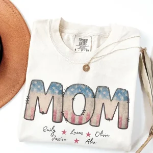 Custom 4th of July, Mama T-Shirt with Kids Names, Retro American Mama, Memorial Day Mama Tee, Independence Day Mama Tee