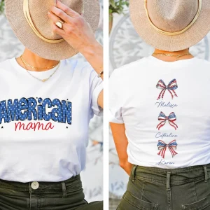 Custom American Mama Shirt with Names, Personalized 4th of July Mom Shirt, Coquette Mama Tee, Patriotic USA Mama T Shirt, Gift for Mom Tee