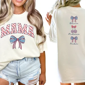 Custom American Mama Shirt with Names, Personalized 4th of July Mom Shirt, Coquette Mama T-Shirt, Patriotic USA Mama T Shirt, Gift for Mom