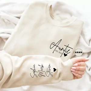 Custom Auntie Sweatshirt, Personalized Aunt Sweatshirt With Nieces Nephews Names On Sleeve, Pregnancy Reveal Outfit, Mothers Day Clothing Gifts