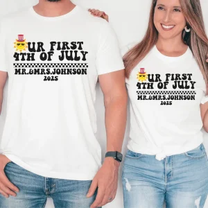 Custom First 4th of July Married Couple Matching Shirts – Patriotic Mr & Mrs Independence Day Tees – Newly Married Gift