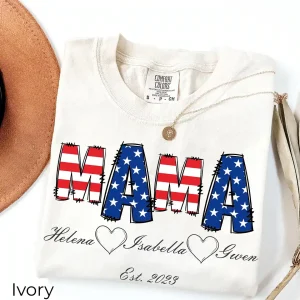 Custom Mama T-Shirt with Kids’ Names and Year, 4th of July Mom T-Shirt, USA Flag Mama Tee, Personalized Mother’s Day Gift