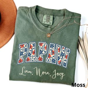Custom Papaw T-Shirt with Grandkids’ Names, Floral Patriotic Comfort Colors Tee, 4th of July Gift for Papaw, Personalized Grandpa Shirt USA