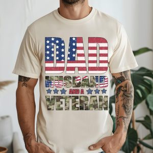 Dad Husband And Veteran T-Shirt, Veteran Dad Tee, Dad 4th Of July Shirt, Vintage American Flag, Fathers Day Shirt, Best Dad