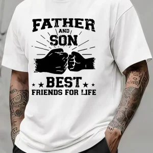 Father-Son Friendship Word Print American Trendy Brand Design Graffiti Letter Print Short Sleeve T-Shirt Men's and Women's Same Style High Street Couple Outfit