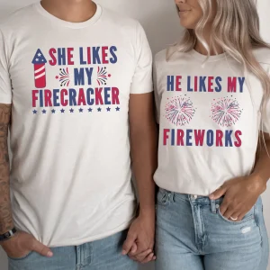 Matching 4th of July Couple Shirts – She Likes My Firecracker & He Likes My Fireworks – American Flag Tee