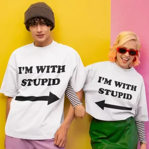 Funny Couple Matching T-Shirts - I'm With Stupid Couples Tees Set of 2 - Cute Cotton Shirts for Couples