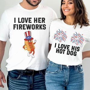 Funny Couples Matching 4th of July Shirts – Adult Humor Independence Day Tees – Hot Dog Design