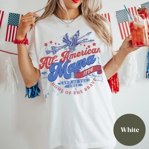July 4th, USA Mama T-Shirt, Independence Day Tee, Red White and Blue Mom, Women's Patriotic, Retro Mama July 4th Party Tee