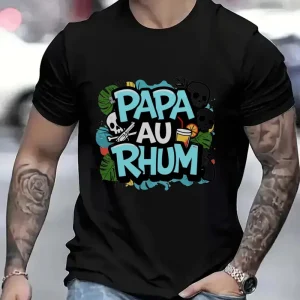 MenS Short Sleeve T Shirt Black PAPA AU RHUM Tropical Graphic Design for Casual Wear 1