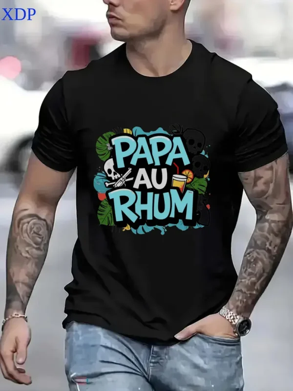 MenS Short Sleeve T Shirt Black PAPA AU RHUM Tropical Graphic Design for Casual Wear 1
