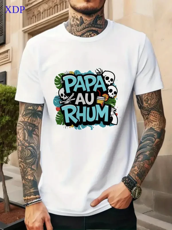 MenS Short Sleeve T Shirt Black PAPA AU RHUM Tropical Graphic Design for Casual Wear 2