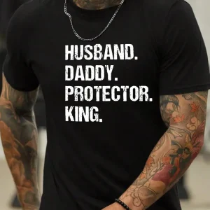 Men's Short Sleeve T-Shirt with Husband Daddy Protector King Print - Regular Fit for Spring & Autumn Casual Attire