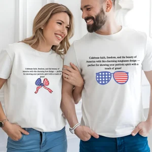 Matching 4th of July Couple Shirts – American Flag Bow & Sunglasses Design – Patriotic USA Independence Day Outfits