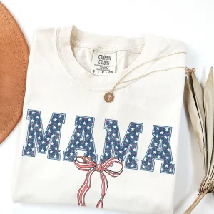 Patriotic Mama T-Shirt, Coquette 4th of July Tee, Independence Day T-Shirt, USA Mama Tee, America Tee, Gift for Mom
