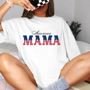 Patriotic Shirt for Mom Graphic Tee America T-Shirt, Mama USA T-Shirt for Summer Memorial Day, American Flag Preppy Mama Shirt Freedom