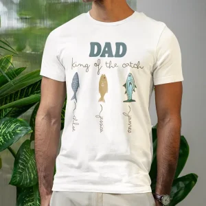 Personalised Dad Fishing Shirt, King of the Catch T-Shirt with Kids' Names, Custom Father's Day Gift, Dad Birthday Gift, Summer Fishing Tee