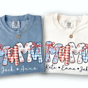 Personalized 4th of July Mama Shirt With Kids Name, Fourth of July T Shirt Patriotic Mama Shirt for July 4th Tee American Mama