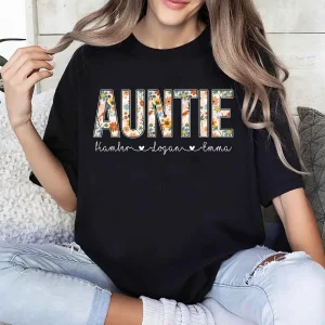 Personalized Auntie With Kids Name Shirt, Aunt Mothers Day Gift, Vintage Auntie Name Shirt, Mothers Day Gift For Auntie, Auntie Floral Shirt