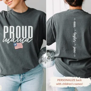 Proud Mama 4th of July Shirt with Kids Names on Back, USA Flag Tee,4th of July Shirt Mom, Retro Flag Independence Day Shirt