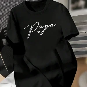 Summer Casual Papa Print T-Shirt for Men, Crew Neck, Short Sleeve, Geometric Pattern, Regular Fit, for Sports & Outdoor Activities