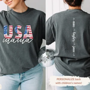USA Mama 4th of July T-Shirt with Kids Names on Back, USA Flag Tee,4th of July Shirt Mom, Retro Flag Independence Day Shirt