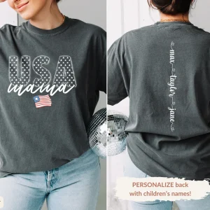 USA Mama 4th of July T-Shirt with Kids Names on Back, USA Flag Tee,4th of July Shirt Mom, Retro Flag Independence Day Shirt
