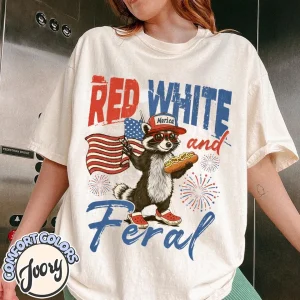 Red White and Feral T-Shirt – Funny Raccoon 4th of July Tee – Hotdog USA Patriotic Shirt