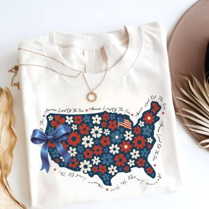 Retro Floral America Shirt – Coquette Bow USA Tee – Girly Patriotic 4th of July T-Shirt for Women