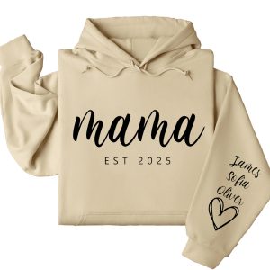 Personalized Mama Hoodie with Kids' Names on Sleeve, Est. 2025 – Custom Mother's Day Gift, Family Name Hoodie