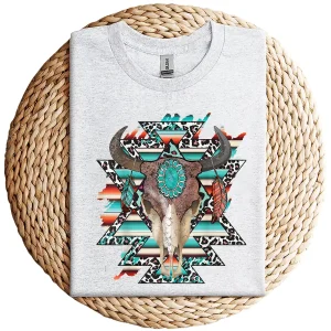 Boho Serape Turquoise Aztec Cow Skull T-Shirt – Western Cowgirl Graphic Tee – Vintage Bull Skull Rodeo Shirt – Country Outfit Top