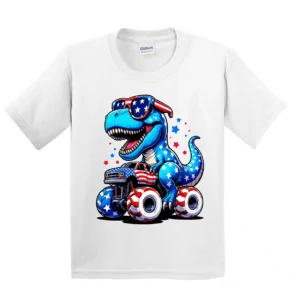 4th of July Dinosaur Monster Truck Youth T-Shirt – Toddler Patriotic American Flag Design, Ready to Press Independence Day Youth Print