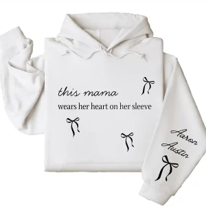 This Mama Wears Her Heart on Her Sleeve Hoodie – Custom Hoodie with Kids’ Names, Personalized Mother’s Day Gift for Mama