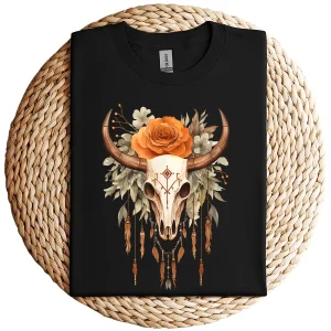 Floral Boho Cow Skull T-Shirt – Rustic Bull Skull Watercolor Graphic Tee – Southwestern Bohemian Style – Vintage Rodeo Cowgirl Shirt
