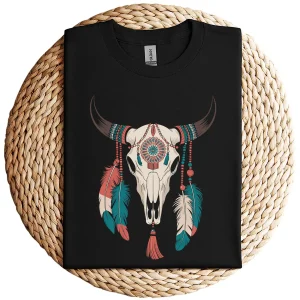 Boho Cow Skull Long Sleeve T-Shirt – Southwestern Bohemian Style – Vintage Western Graphic Tee – Comfortable Casual Wear for Cowgirls