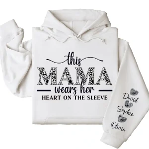 This Mama Wears Her Heart on Her Sleeve Hoodie – Custom Hoodie with Kids’ Names, Personalized Mother’s Day Gift for Mama