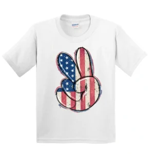 American Flag Peace Sign Kids T-Shirt – 4th of July Patriotic Shirt – Cute Trendy Red White Blue Tee for Kids – USA Summer Outfit