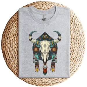 Cow Bull Skull T-Shirt – Native American Feathers Design – Southwestern Tribal Graphic Tee – Boho Western Style Sleeveless Shirt