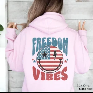 Freedom Vibes Hoodie – Retro USA Patriotic Pullover, 4th of July Graphic, Star-Spangled American Flag Hoodie