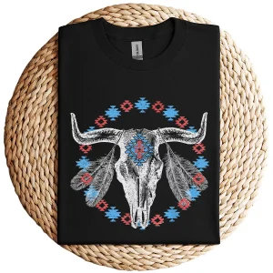 Vintage Cow Bull Skull T-Shirt – BOHO Southwestern Aztec Feather Design – Rustic Western Graphic Tee – Unique Cowgirl & Cowboy Shirt