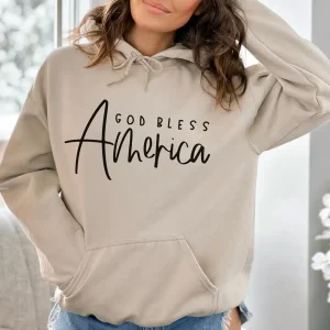 God Bless America Hoodie – Christian Patriotic, Independence Day Pullover, 4th of July Freedom Hoodie, USA Flag