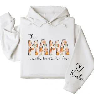 Personalized This Mama Wears Her Heart on Her Sleeve Hoodie – Retro Floral Mom, Custom Kids' Names – Mother’s Day Gift