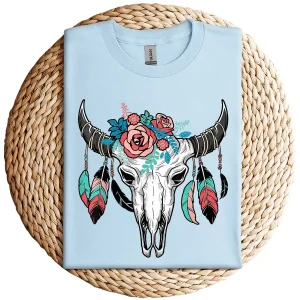Vintage Cow Skull with Flowers T-Shirt – Western Boho Graphic Tee for Men and Women – Country Cowgirl Cowboy Gift Shirt