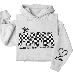 This Mama Wears Her Heart on Her Sleeve Hoodie – Custom Hoodie with Kids’ Names, Personalized Mother’s Day Gift for Mama