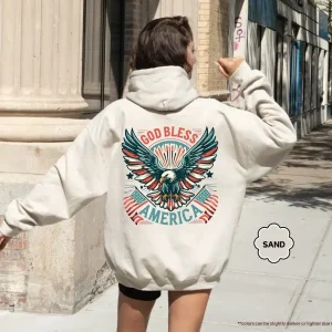 God Bless America Hoodie – 4th of July Hoody Sweatshirt with Eagle Graphic, Patriotic Independence Day Pullover, America Love