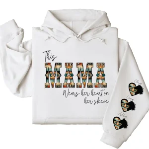 Western Mama Wears Her Heart on Her Sleeve Hoodie – Personalized Aztec Heart & Horse Graphic, Cowboy Font, Mother’s Day or Birthday Gift