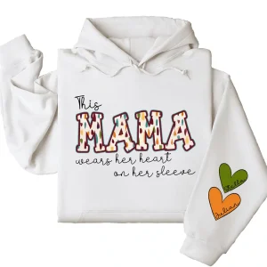 This Mama Wears Her Heart on Her Sleeve Hoodie – Custom Hoodie with Kids’ Names, Personalized Mother’s Day Gift for Mama