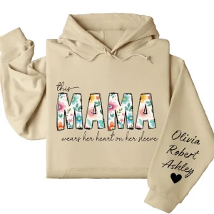 This Mama Wears Her Heart on Her Sleeve Hoodie – Custom Mom Sweatshirt with Kids’ Names, Floral Design, Trendy Mother’s Day Gift Idea