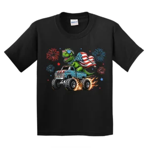 Boy 4th of July T-Shirt – American Dinosaur Monster Truck Tee – Patriotic T-Rex Shirt for Kids – Memorial Day & Independence Day Outfit